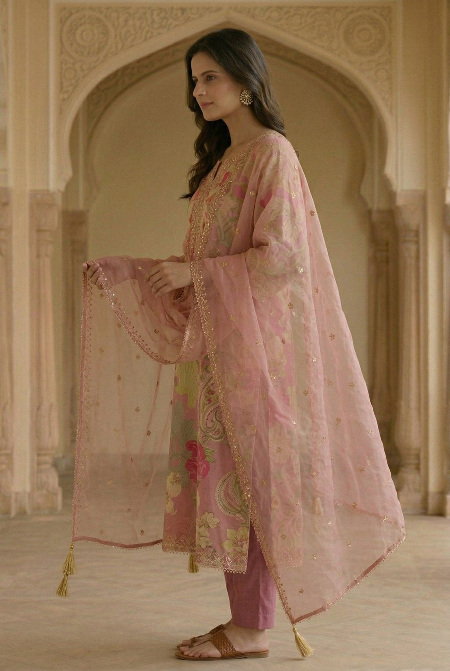 Premium Blush Pink Floral Silk Suit with Organza Dupatta