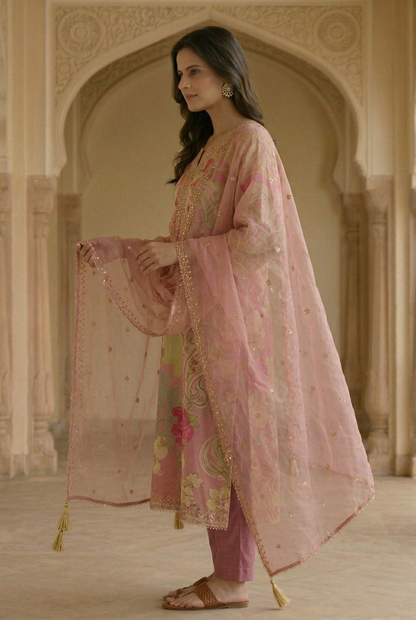 Premium Blush Pink Floral Silk Suit with Organza Dupatta