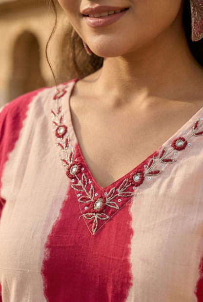 Title: Magenta Pink & White Tie-Dye Cotton Kurta Set with Floral Embroidery