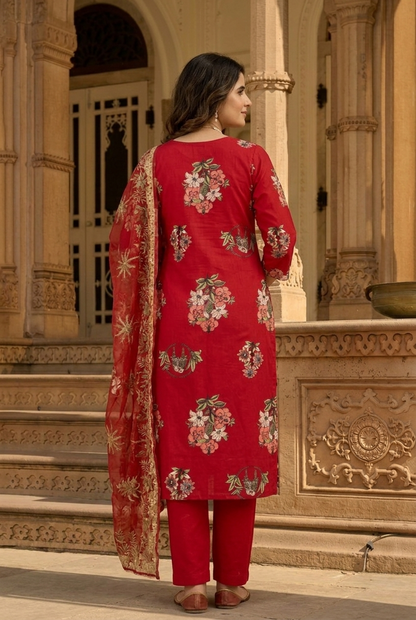Premium Ruby Red Silk Floral Suit