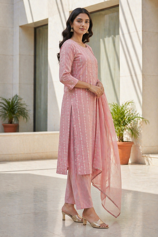 Cotton 3 Piece Kurta Set with Dupatta | Elegant Straight Kurti Pant Set for Women