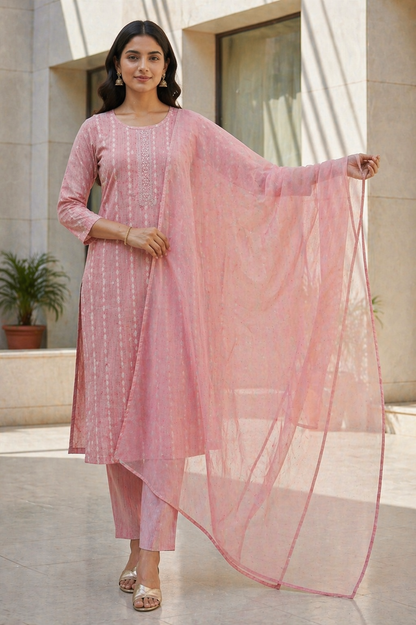 Cotton 3 Piece Kurta Set with Dupatta | Elegant Straight Kurti Pant Set for Women