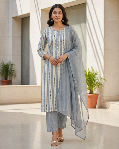 Grey Blue Cotton 3 Piece Kurta Set with Dupatta | Striped Straight Kurti Pant Set for Women