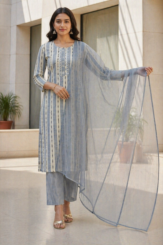 Grey Blue Cotton 3 Piece Kurta Set with Dupatta | Striped Straight Kurti Pant Set for Women