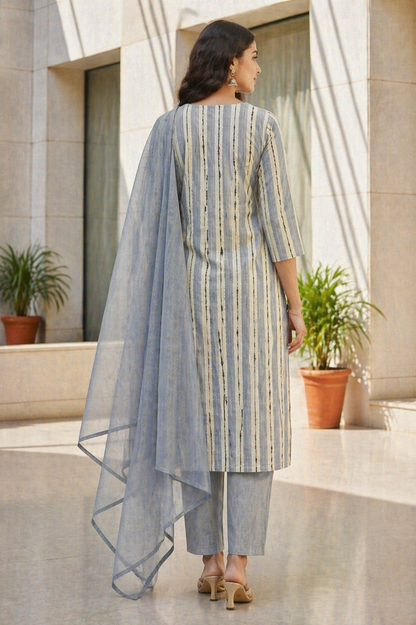 Grey Blue Cotton 3 Piece Kurta Set with Dupatta | Striped Straight Kurti Pant Set for Women