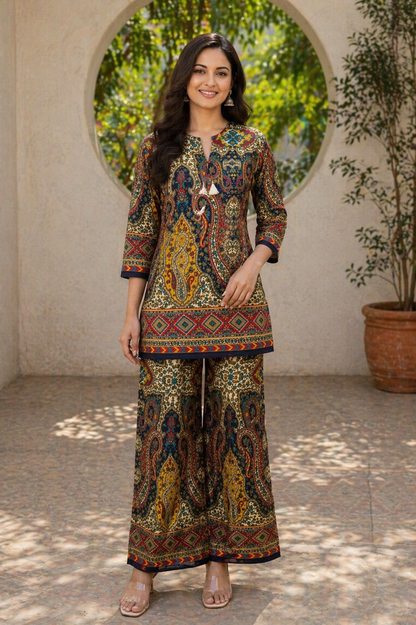 Multicolor Printed Co-Ord Set for Women | Ethnic Kurti Palazzo Set | Designer Casual Wear