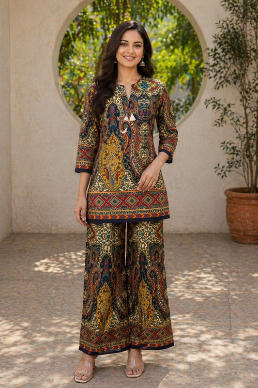 Multicolor Printed Co-Ord Set for Women | Ethnic Kurti Palazzo Set | Designer Casual Wear