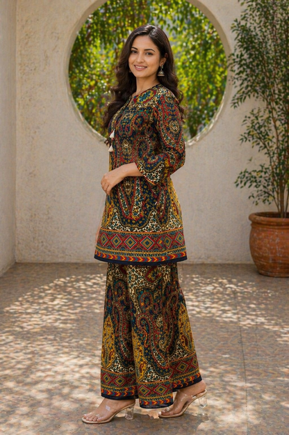 Multicolor Printed Co-Ord Set for Women | Ethnic Kurti Palazzo Set | Designer Casual Wear
