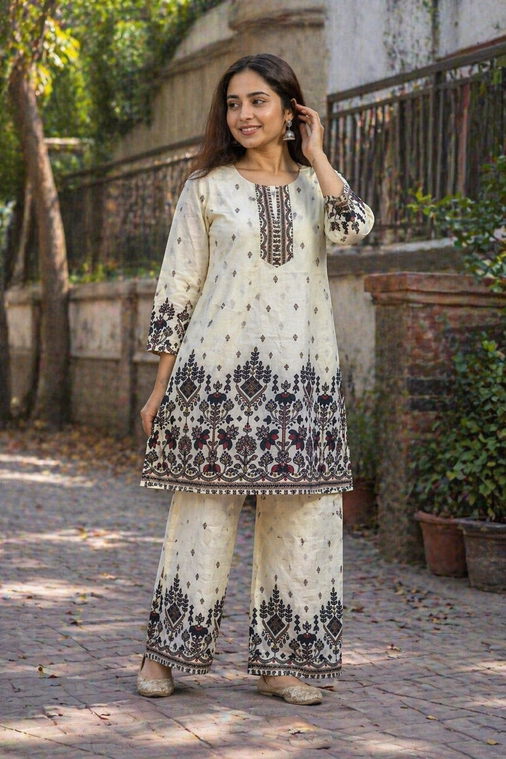 Cream Printed Cotton Co-Ord Set for Women | Ethnic Kurti Palazzo Set | Daily & Festive Wear