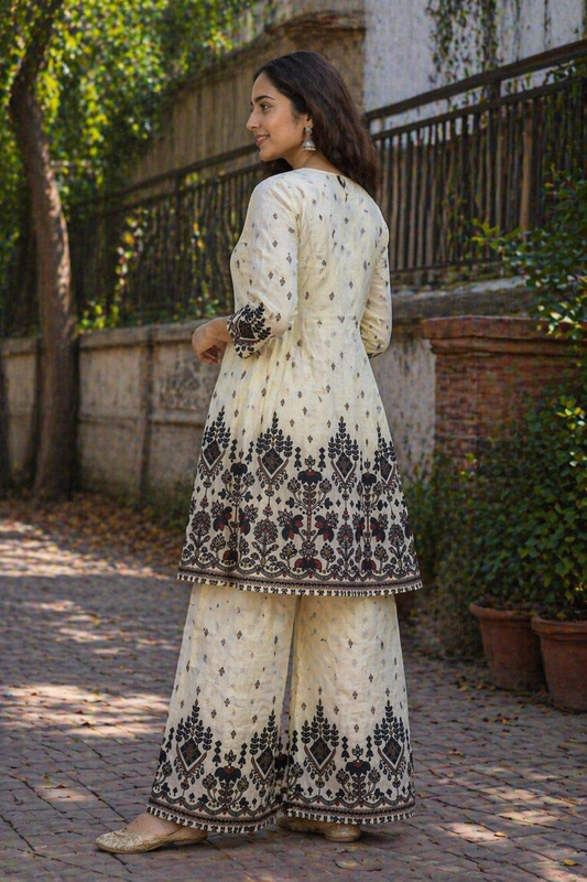 Cream Printed Cotton Co-Ord Set for Women | Ethnic Kurti Palazzo Set | Daily & Festive Wear