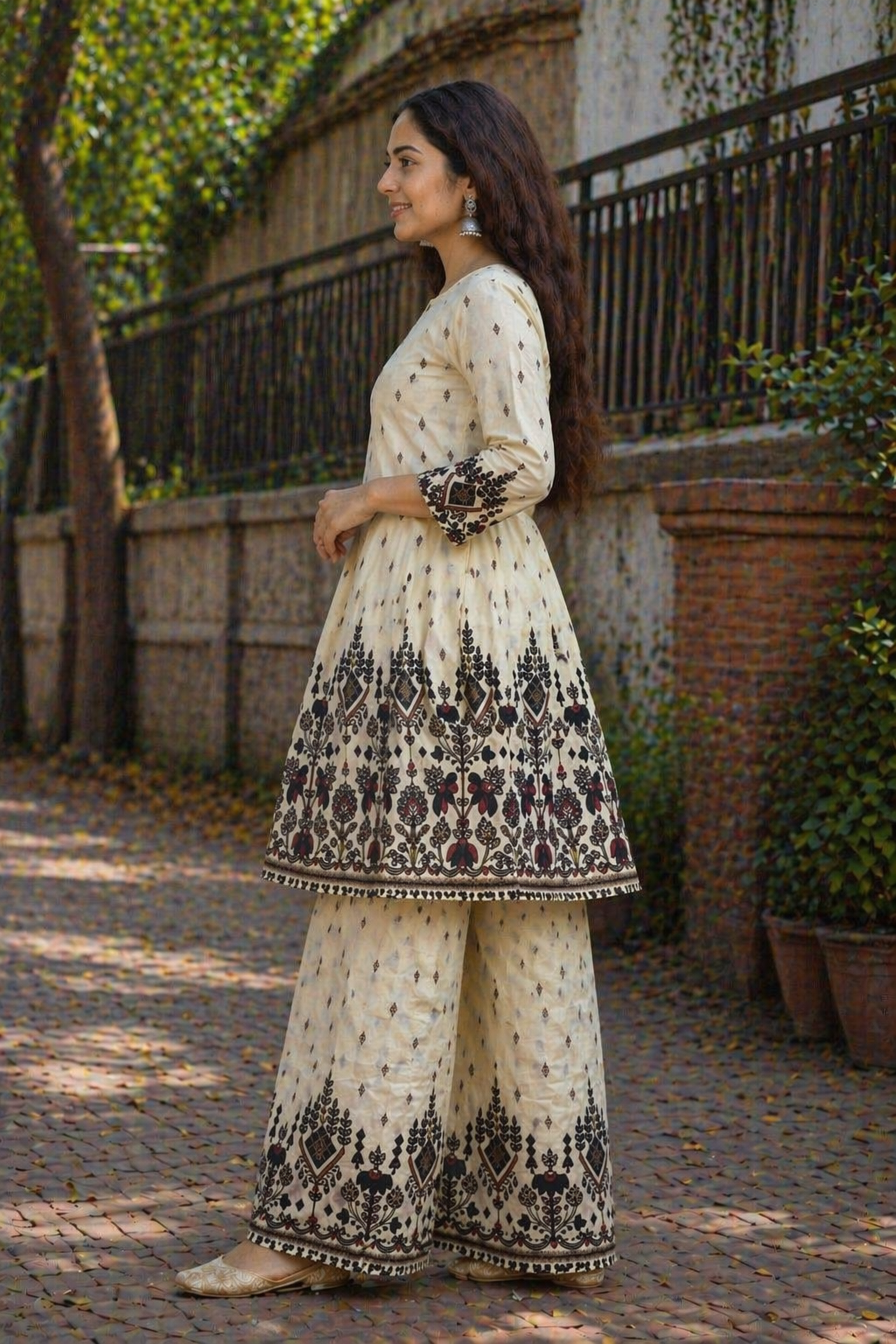 Cream Printed Cotton Co-Ord Set for Women | Ethnic Kurti Palazzo Set | Daily & Festive Wear
