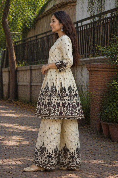 Cream Printed Cotton Co-Ord Set for Women | Ethnic Kurti Palazzo Set | Daily & Festive Wear