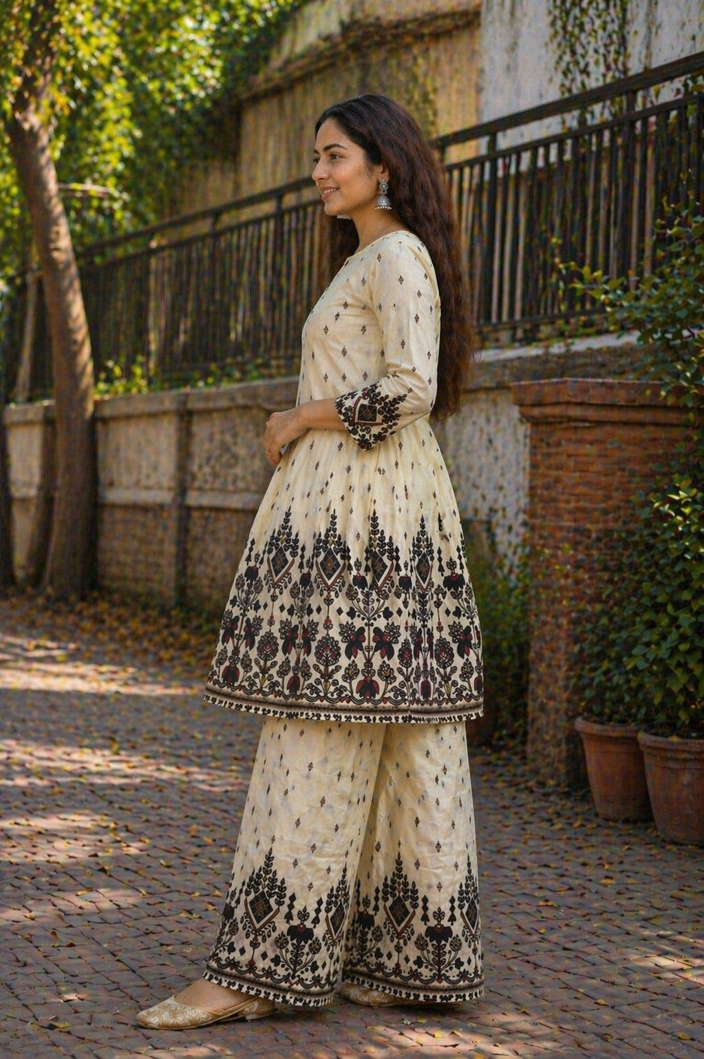 Cream Printed Cotton Co-Ord Set for Women | Ethnic Kurti Palazzo Set | Daily & Festive Wear