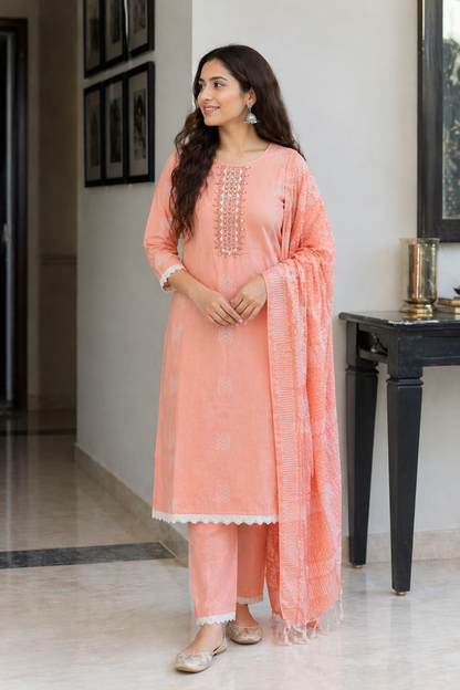 Peach Cotton 3 Piece Kurta Set with Dupatta | Embroidered Ethnic Kurti Palazzo Set for Women