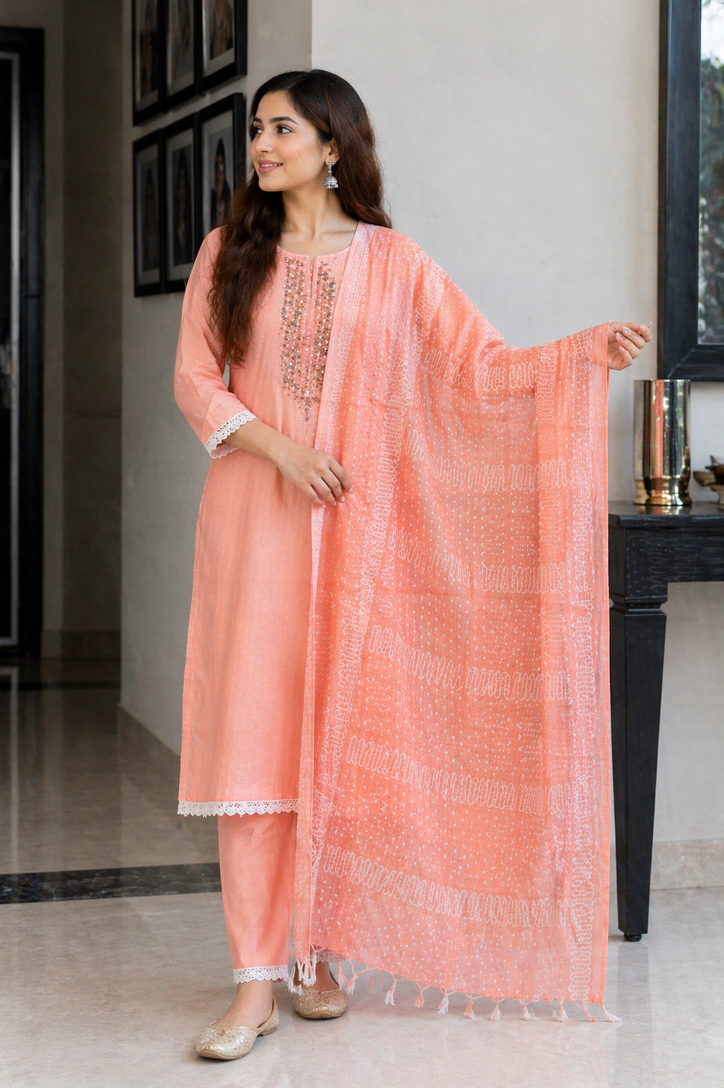 Peach Cotton 3 Piece Kurta Set with Dupatta | Embroidered Ethnic Kurti Palazzo Set for Women