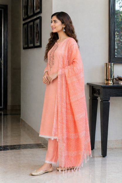 Peach Cotton 3 Piece Kurta Set with Dupatta | Embroidered Ethnic Kurti Palazzo Set for Women