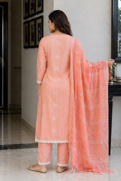 Peach Cotton 3 Piece Kurta Set with Dupatta | Embroidered Ethnic Kurti Palazzo Set for Women