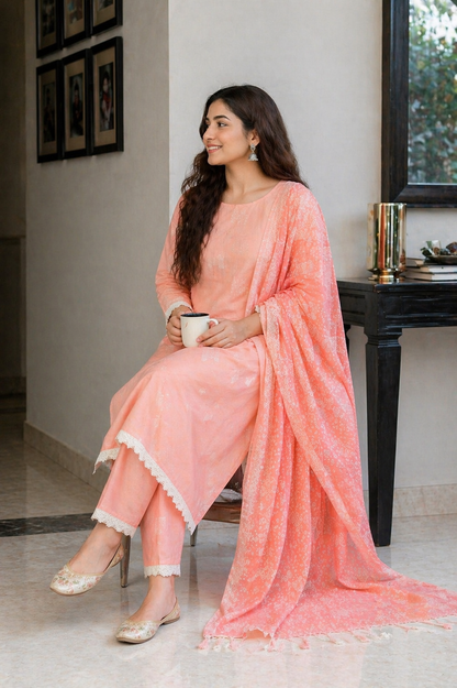 Peach Cotton 3 Piece Kurta Set with Dupatta | Embroidered Ethnic Kurti Palazzo Set for Women