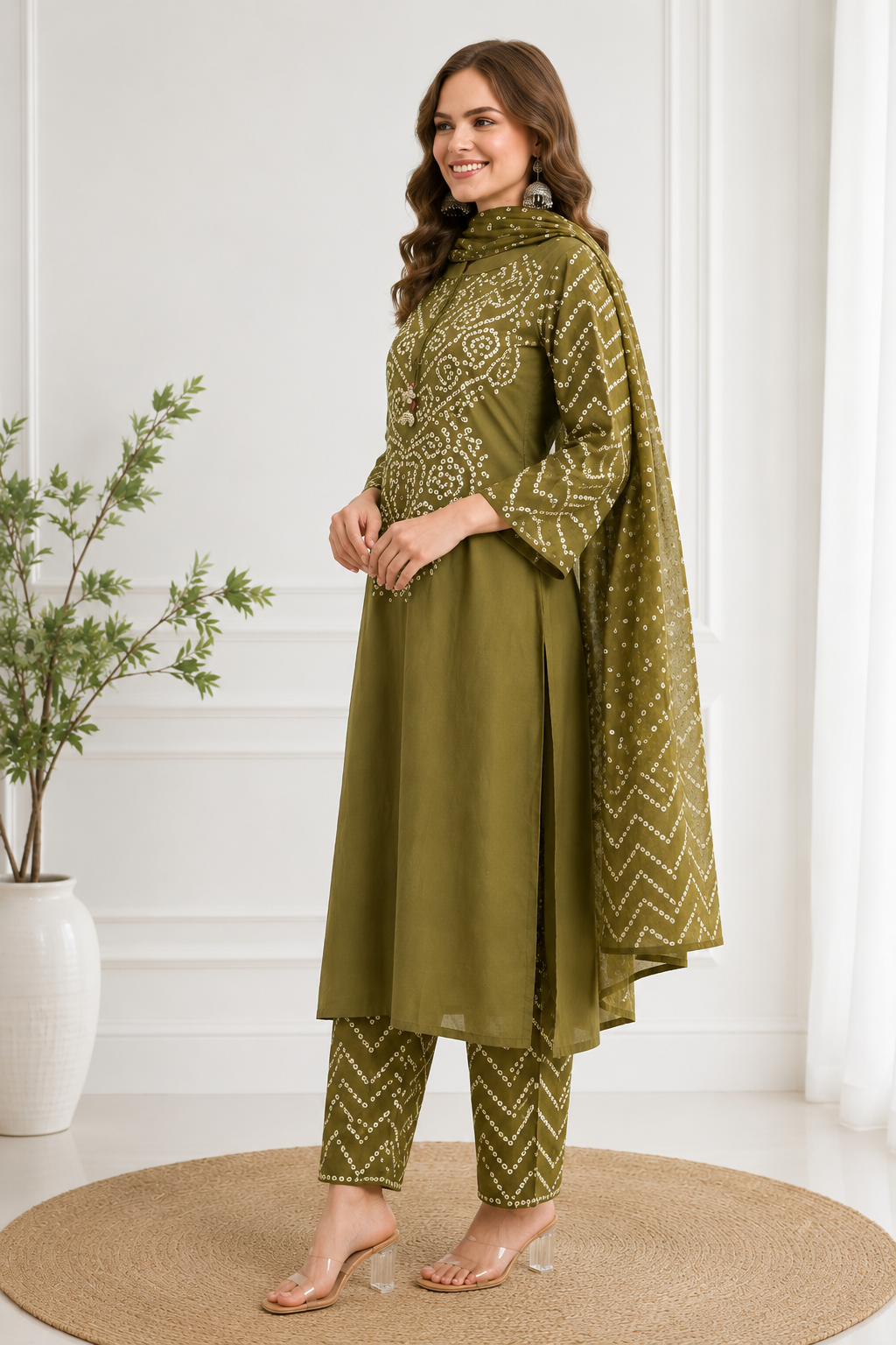 Women's Olive Green Bandhini Printed Straight Kurta Pant & Dupatta Set | Traditional Ethnic Wear | 3 Piece Suit Set