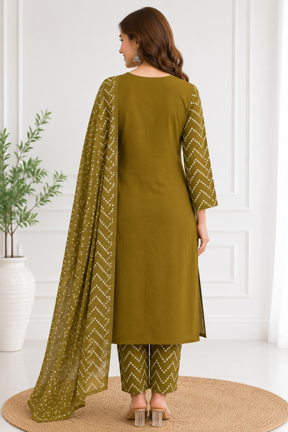 Women's Olive Green Bandhini Printed Straight Kurta Pant & Dupatta Set | Traditional Ethnic Wear | 3 Piece Suit Set