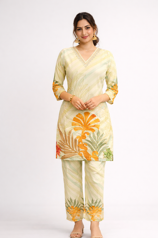 Elegant Pastel Yellow Printed Kurta Pant Co-Ord Set