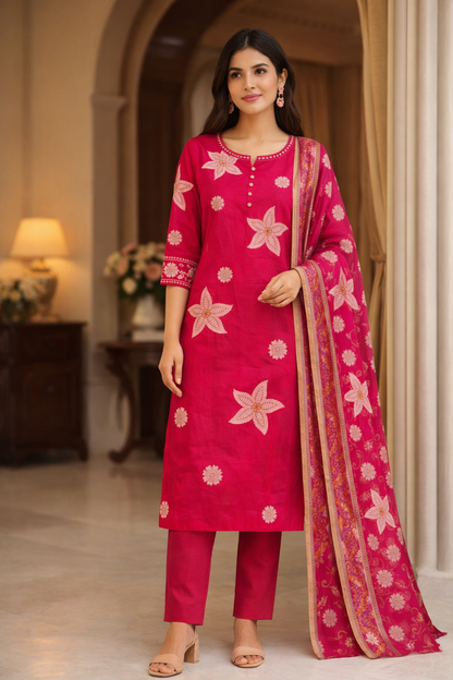 Hot Pink Floral Print Cotton Silk Kurta Set
