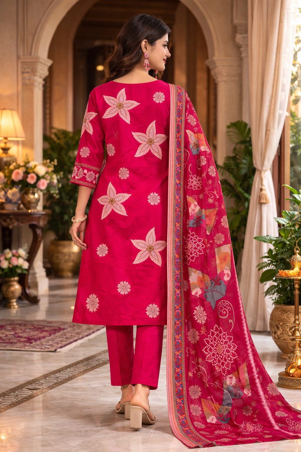 Hot Pink Floral Print Cotton Silk Kurta Set