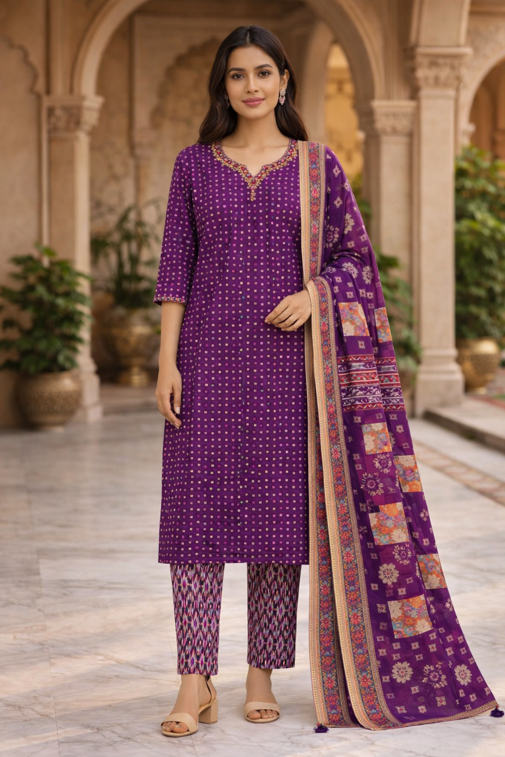 Royal Deep Purple Bandhani Print Crepe Silk Kurta Set