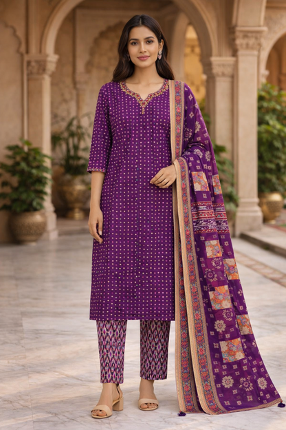 Royal Deep Purple Bandhani Print Crepe Silk Kurta Set