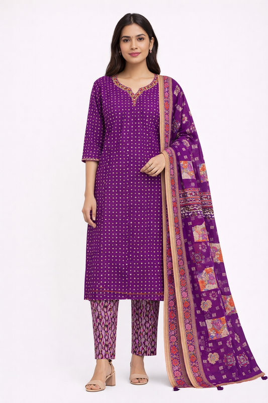 Royal Deep Purple Bandhani Print Crepe Silk Kurta Set