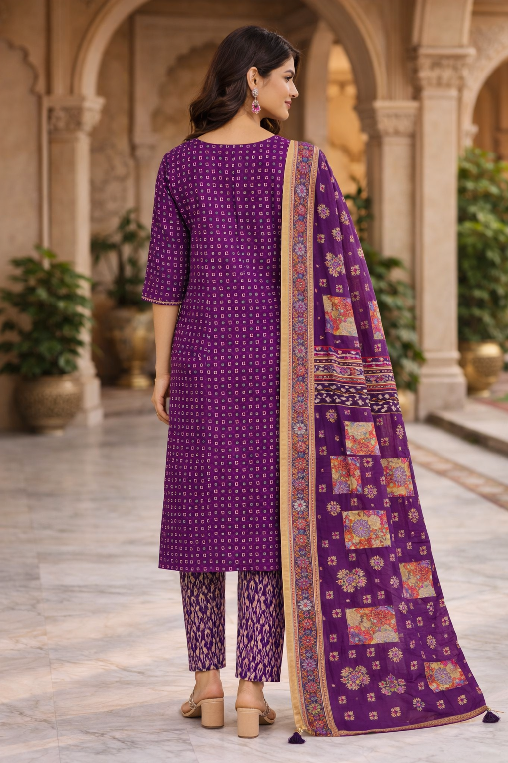 Royal Deep Purple Bandhani Print Crepe Silk Kurta Set