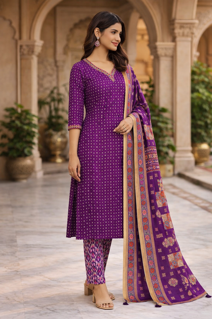 Royal Deep Purple Bandhani Print Crepe Silk Kurta Set
