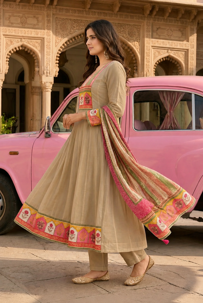 Off white & Beige Pink Ethnic Motif Cotton crepe Blend Anarkali Set