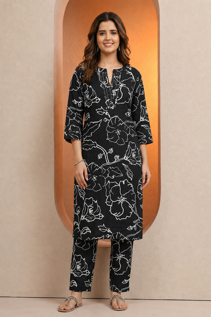 Elegant Black Floral Printed Kurta Pant Co-Ord Set for Women