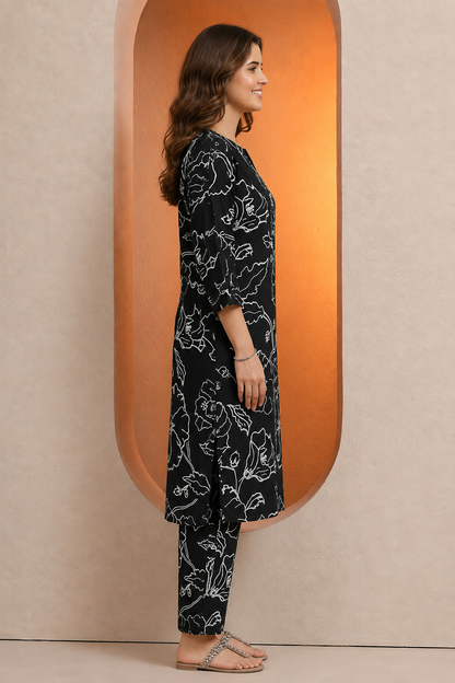 Elegant Black Floral Printed Kurta Pant Co-Ord Set for Women