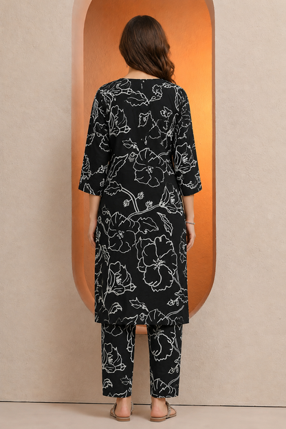Elegant Black Floral Printed Kurta Pant Co-Ord Set for Women