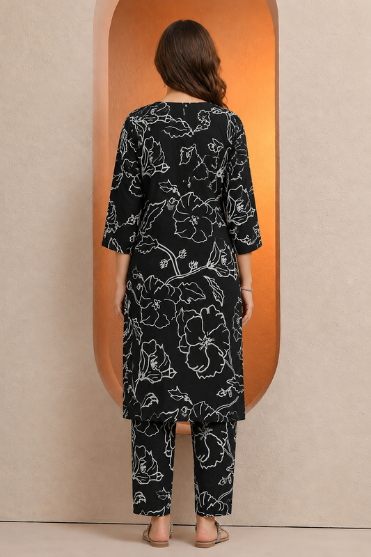 Elegant Black Floral Printed Kurta Pant Co-Ord Set for Women