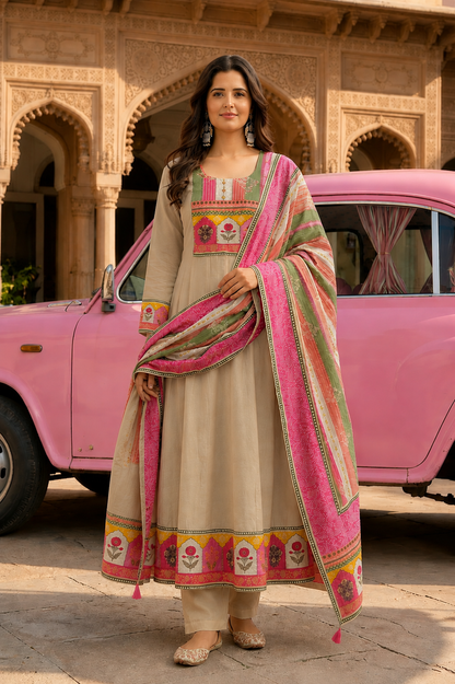 Off white & Beige Pink Ethnic Motif Cotton crepe Blend Anarkali Set