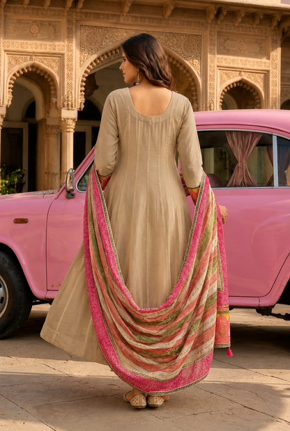 Off white & Beige Pink Ethnic Motif Cotton crepe Blend Anarkali Set