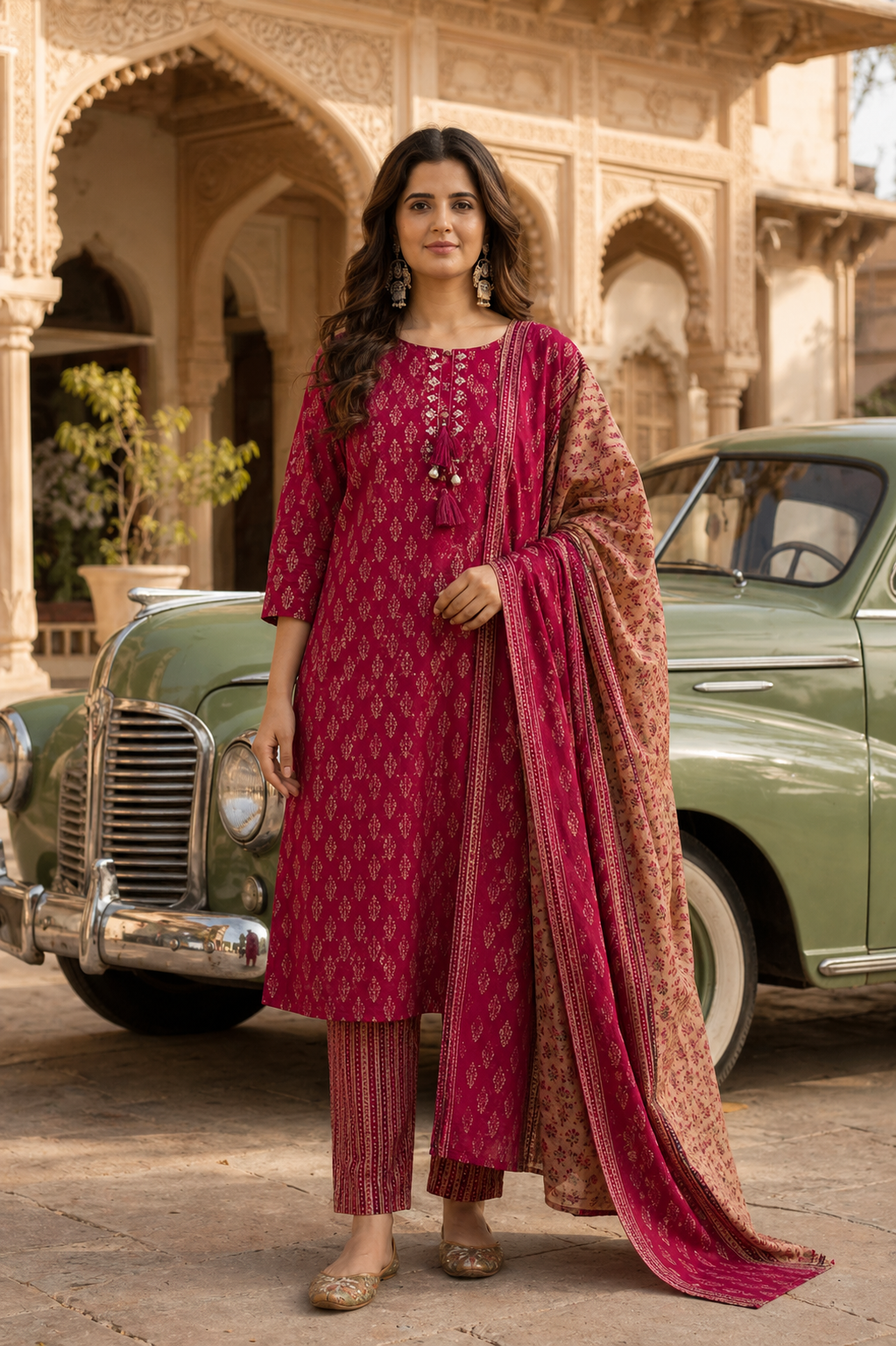 Women’s Pure Cotton Kurta Pant Dupatta Set | Magenta Pink Printed Ethnic Straight Kurti Set