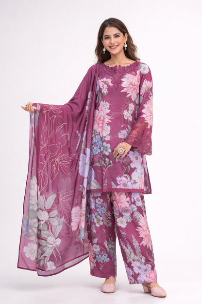 Premium Mauve (Dusty Purple) Floral Cotton-Silk Farshi Suit Set