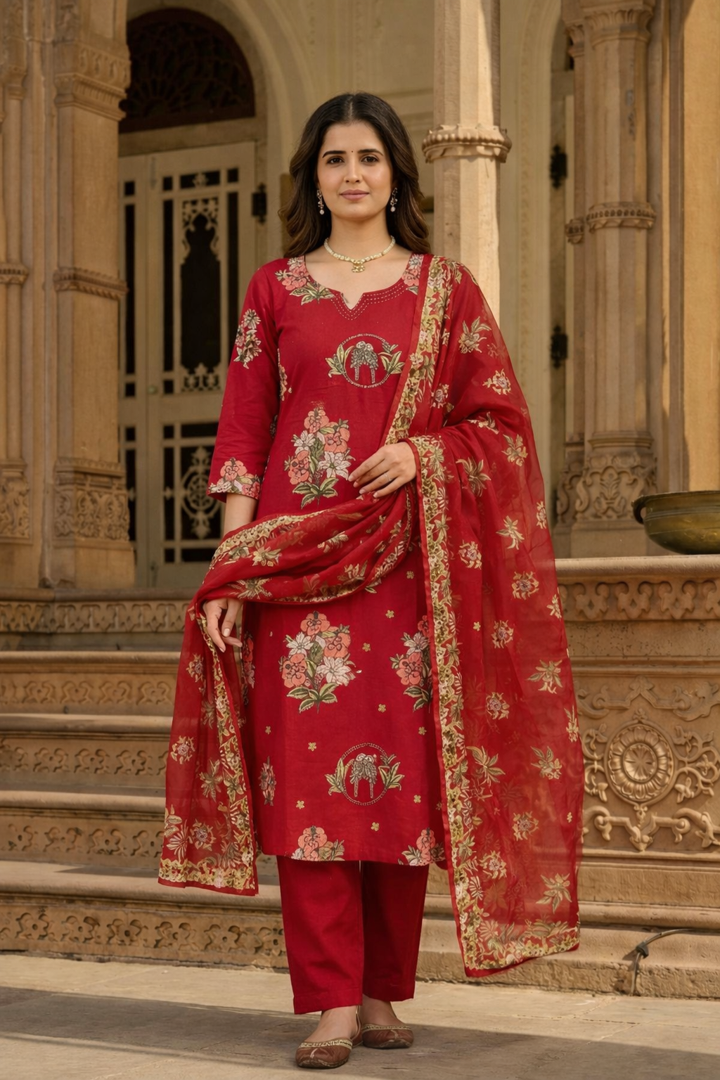 Premium Ruby Red Silk Floral Suit