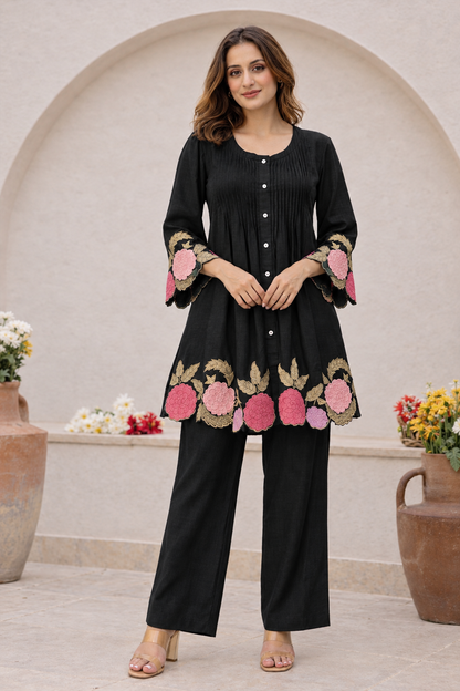 Pink Floral Embroidered Kurta Pant Co-Ord Set for Women