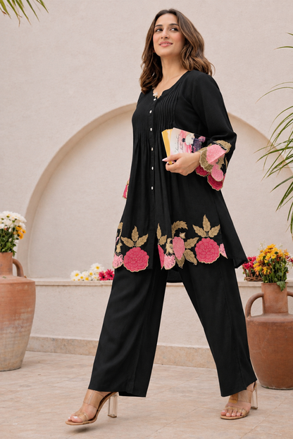 Pink Floral Embroidered Kurta Pant Co-Ord Set for Women