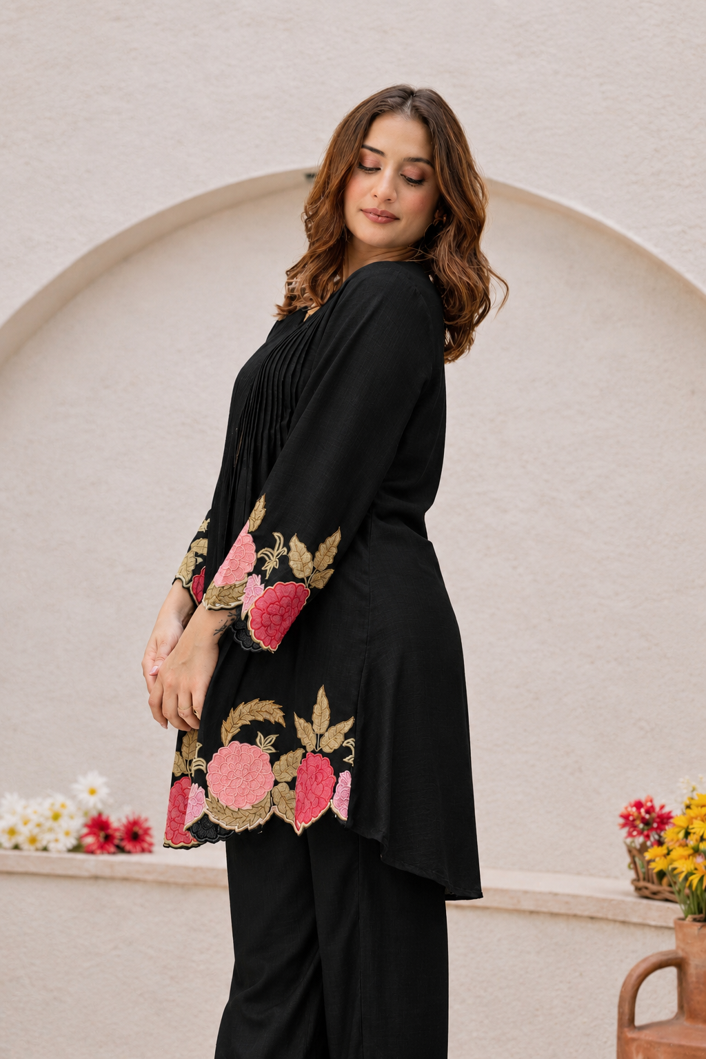 Pink Floral Embroidered Kurta Pant Co-Ord Set for Women