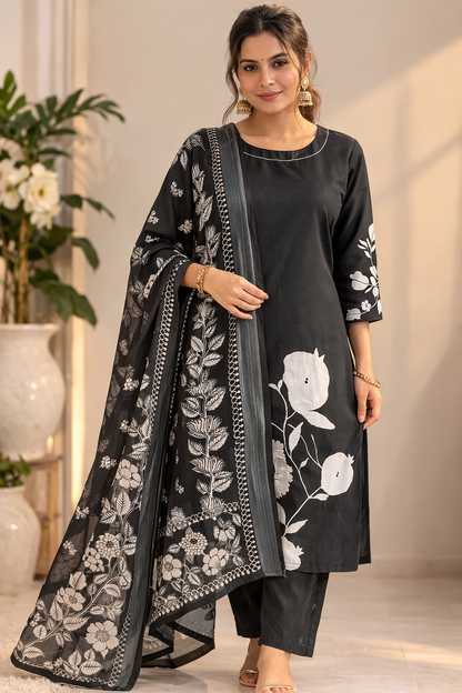 Women Black Cotton Kurta Set with Dupatta Floral Printed Kurta Pant Set Ethnic Wear for Women