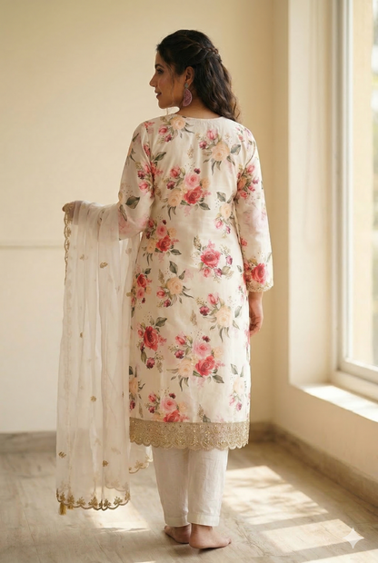 Premium Ivory Floral Silk Suit with Scalloped Organza Dupatta
