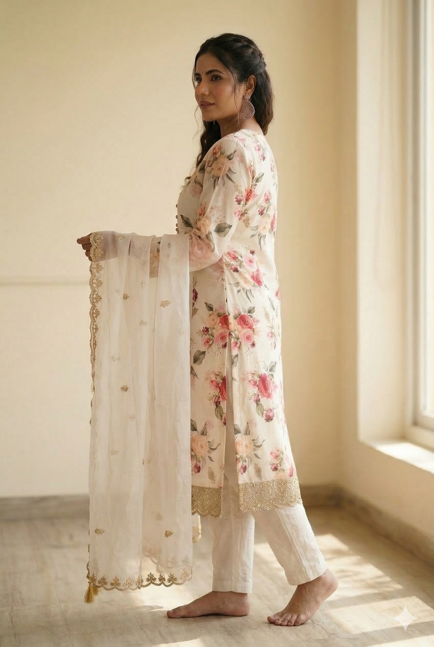 Premium Ivory Floral Silk Suit with Scalloped Organza Dupatta