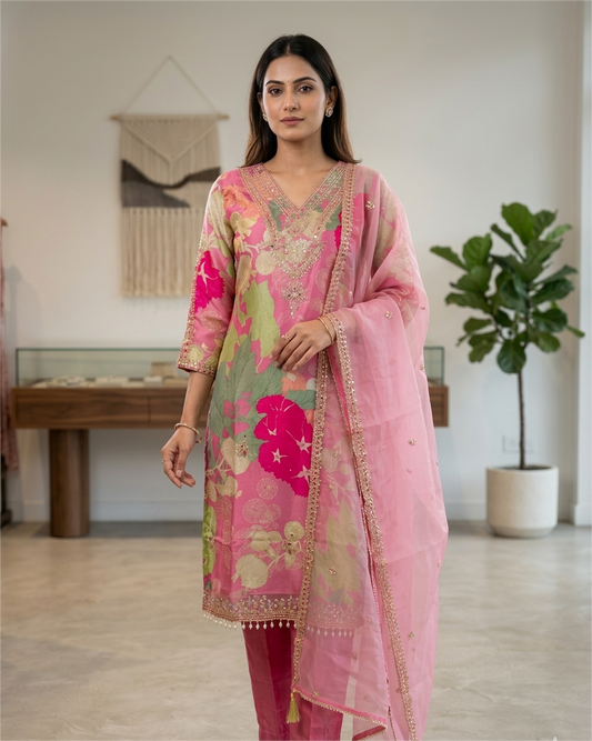 Fuchsia Floral Silk Suit Set with Hand-Embellished Neckline & Sheer Dupatta