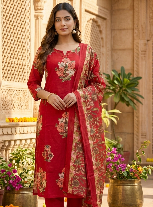 Elegant Red Floral Printed Kurta Set with Dupatta